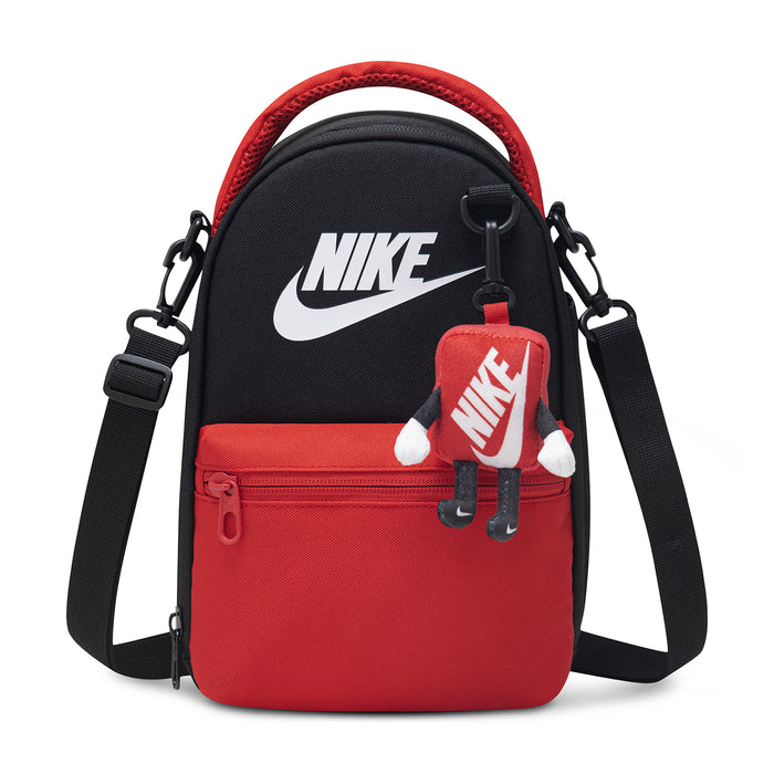 Black and red lunch tote with Nike logo, red shoe keychain charm, zip front pockets