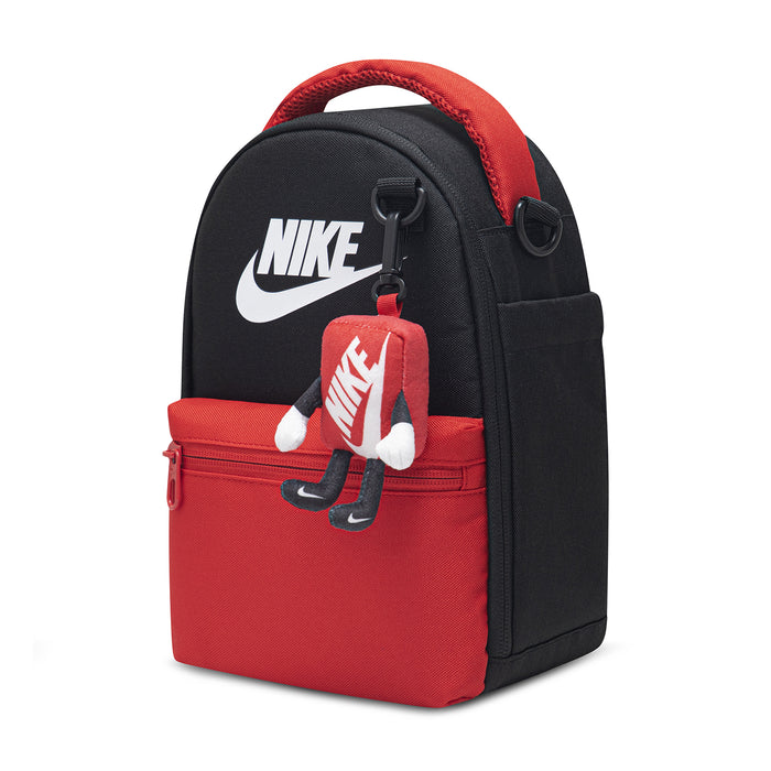 Black and red lunch tote with Nike logo, red shoe keychain charm, side zip pocket