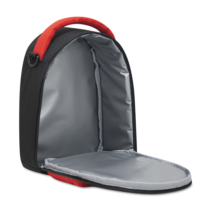 Black lunch tote with red trim, open insulated compartment with gray interior