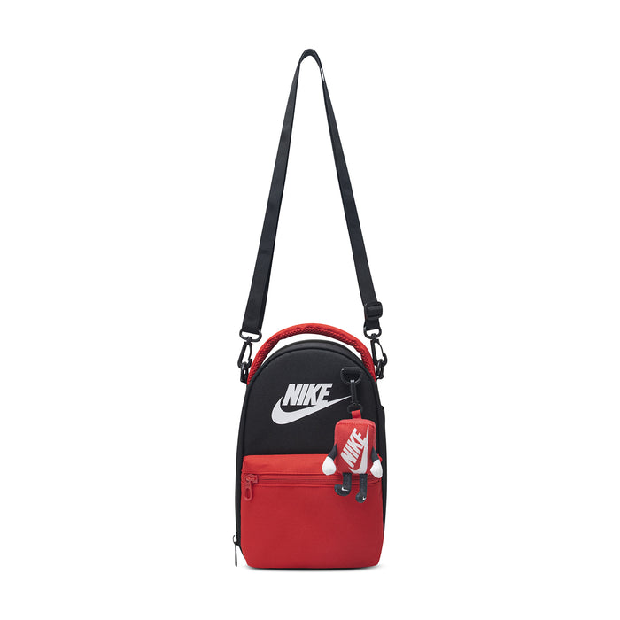 Black and red mini lunch tote with long strap, Nike logo, red shoe keychain charm