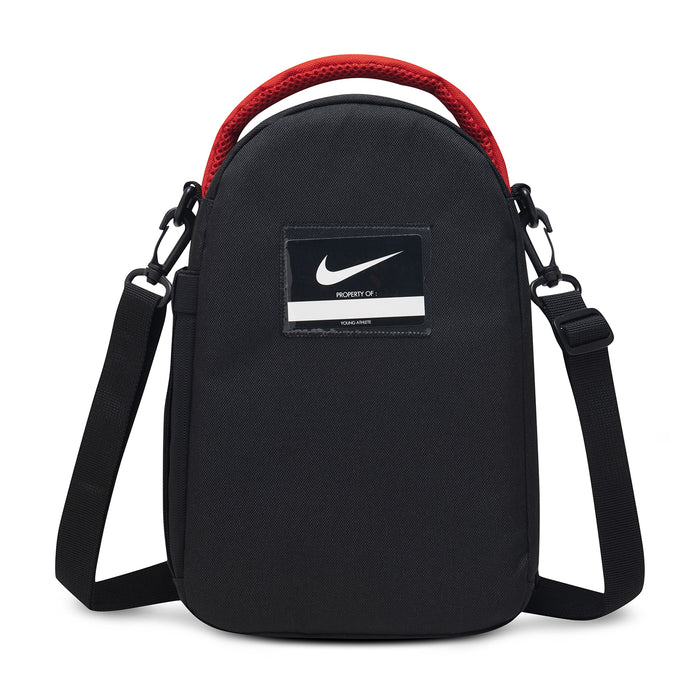 Black lunch tote with Nike logo patch and adjustable shoulder straps
