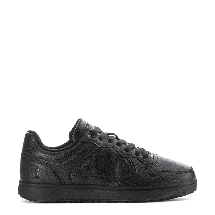 Women's black low-top sneakers, lace-up textured leather upper and rubber sole