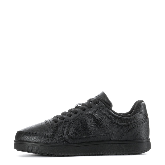 Black low-top lace-up sneakers with stitched panels and textured leather finish