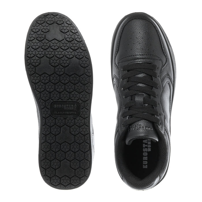 Black sneaker outsole tread and inner view of lace-up low-top