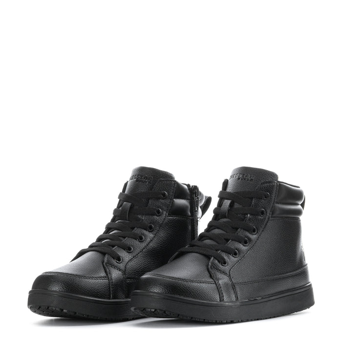 Women's black mid-top lace-up slip-resistant sneakers, pair view from front