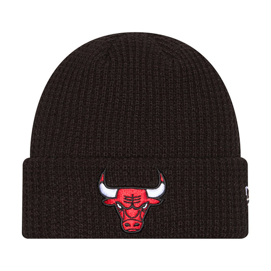 Dark knit waffle beanie with red-and-white bull head patch