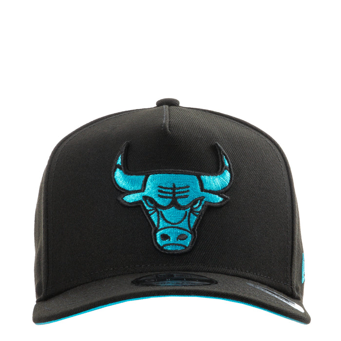 Black A-Frame cap with turquoise bull head patch on front and curved brim