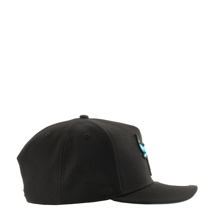 Black A-Frame cap with turquoise side graphic and curved brim