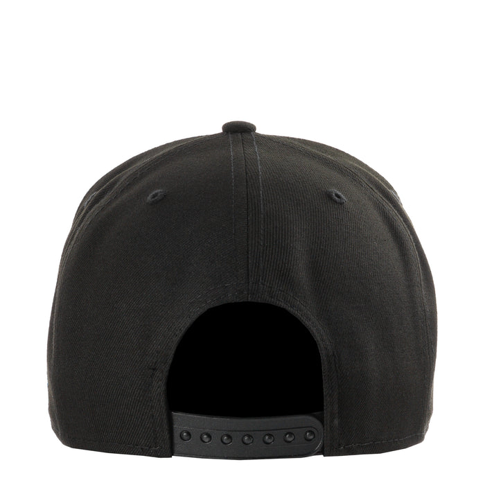 Black A-Frame cap with open back panel and adjustable snapback strap
