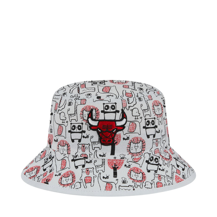 Kids white bucket hat with red and black robot graphic pattern