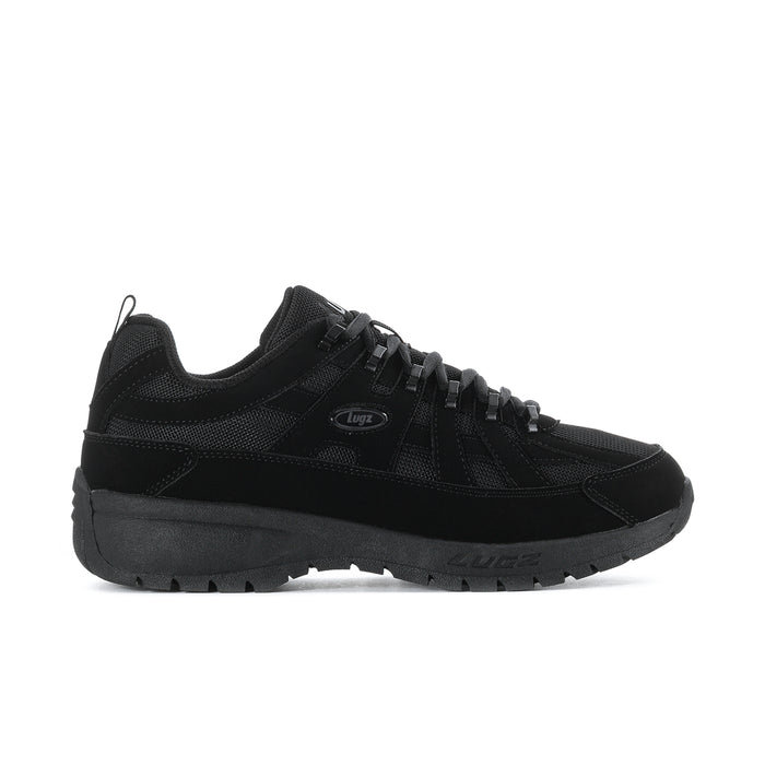 Men's black lace-up sneakers with textured panels and chunky rubber sole