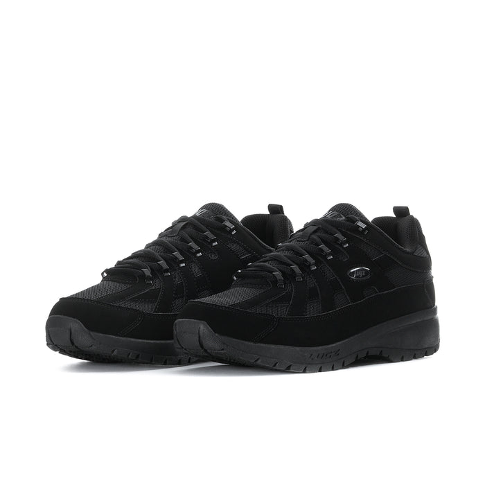Men's black lace-up sneakers, side view with padded collar and chunky sole