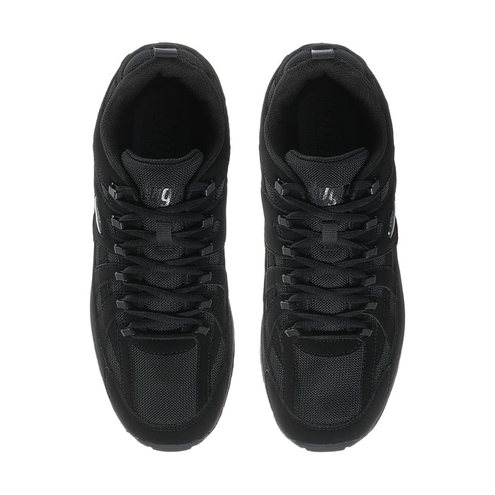 Pair of men's black lace-up sneakers front view, mesh panels and rubber sole