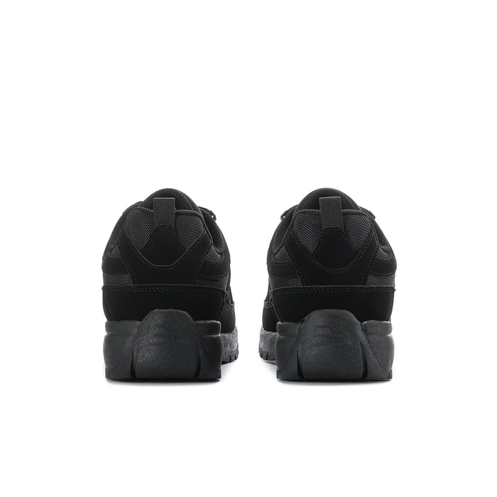 Pair of men's black sneakers heel view with cushioned back and rubber tread
