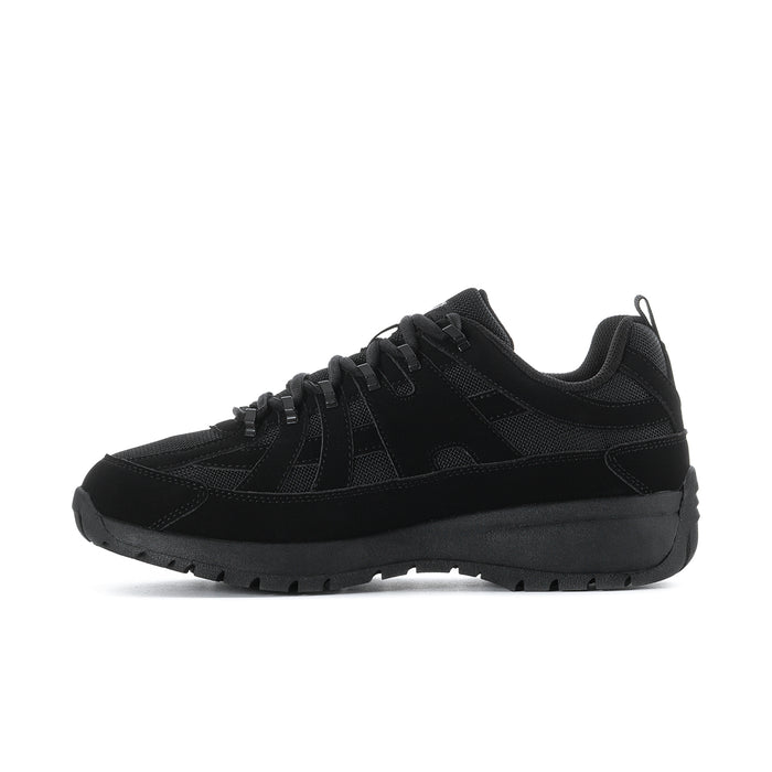 Men's black lace-up sneaker side profile with durable rubber outsole