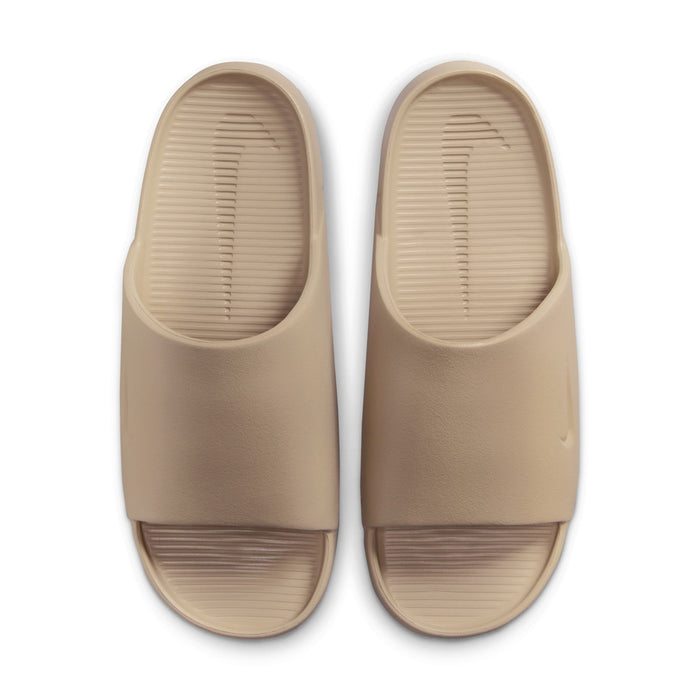 Khaki slide sandals, pair view with molded footbed and rubber outsole