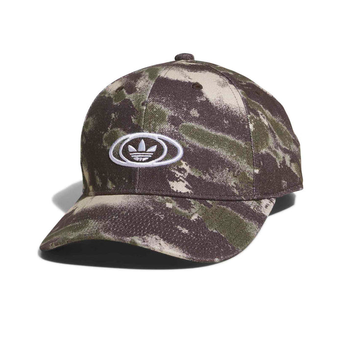 Low-crown snapback hat in olive-and-white street camo with oval emblem logo