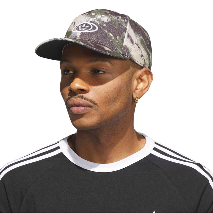 Street camo snapback cap with front oval logo, low profile crown, curved brim