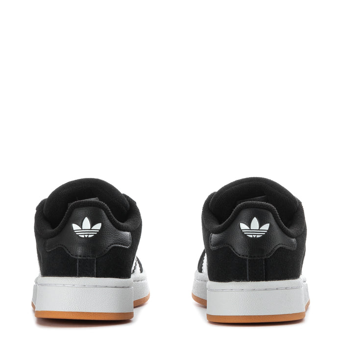 Kids black sneakers, back view with white heel branding and gum-accented sole
