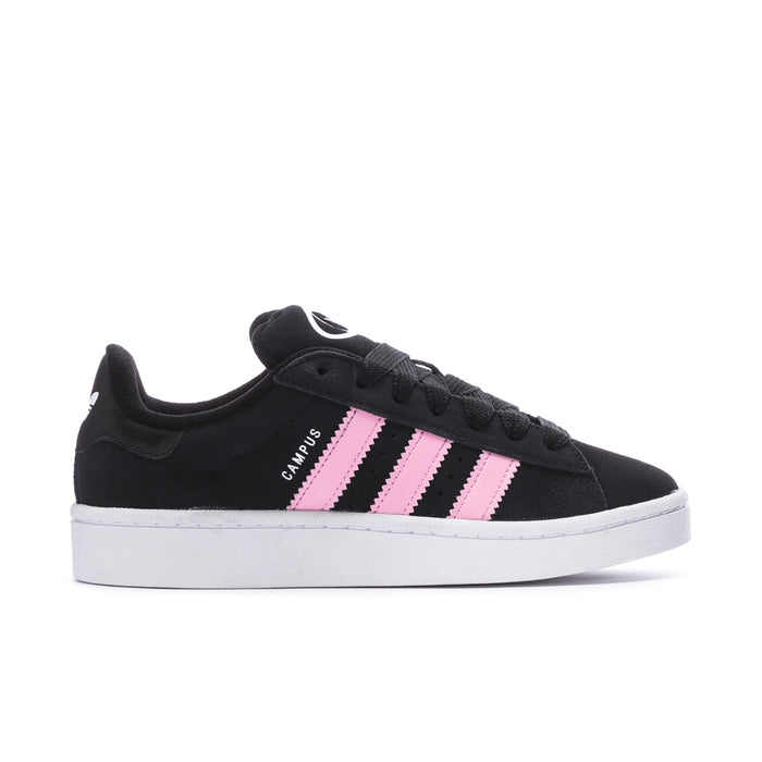 Black womens low-top sneakers with pink and white triple stripes and lace-up.