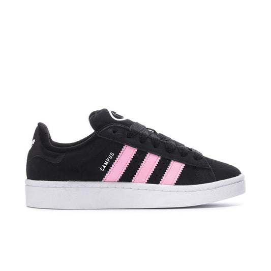 Black womens low-top sneakers with pink and white triple stripes and lace-up.