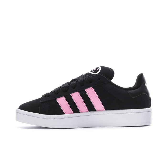 Black womens skate-style sneakers with pink and white three-stripe overlay and laces.