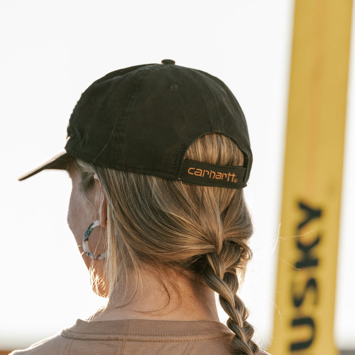 Black canvas dad cap with Carhartt logo band on back