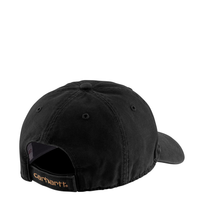 Black canvas dad cap interior view with Carhartt patch