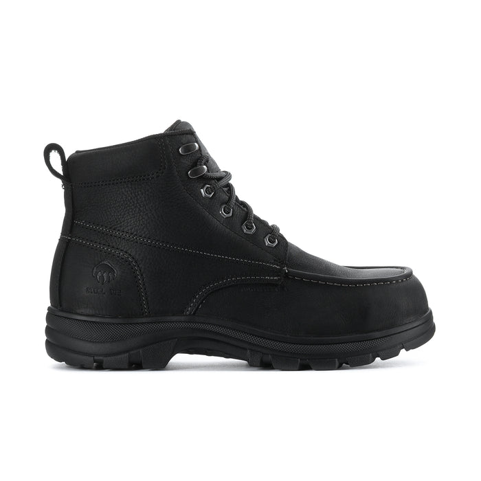 Mens black waterproof moc-toe lace-up boots with padded collar and rugged lug sole
