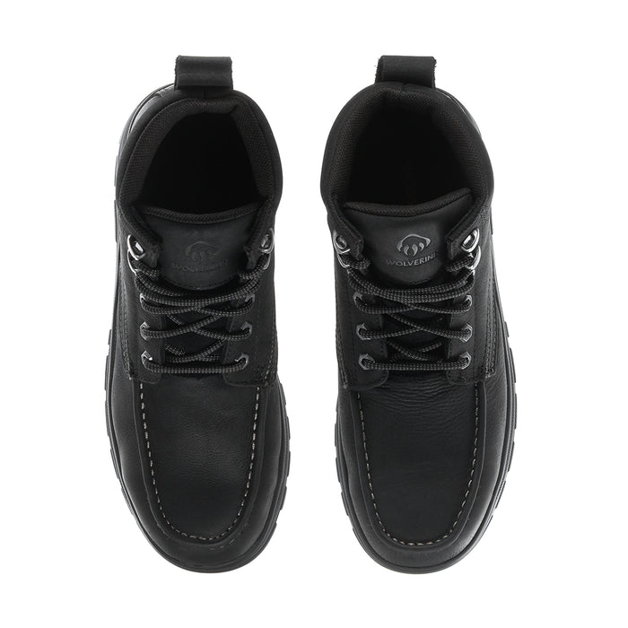 Black lace-up boots with moc-toe stitching and contrast laces, top view of tongues