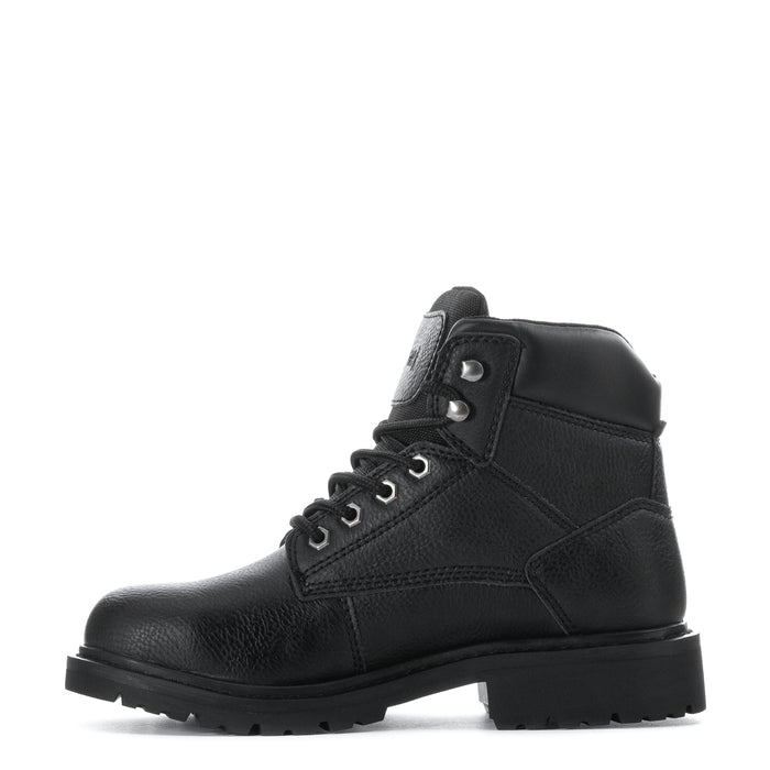 Black lace-up high work boot with padded tongue and rugged rubber outsole