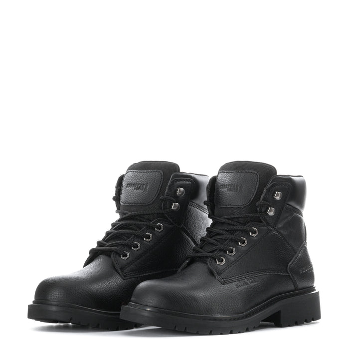 Black pair of lace-up mid work boots with reinforced seams and lace eyelets
