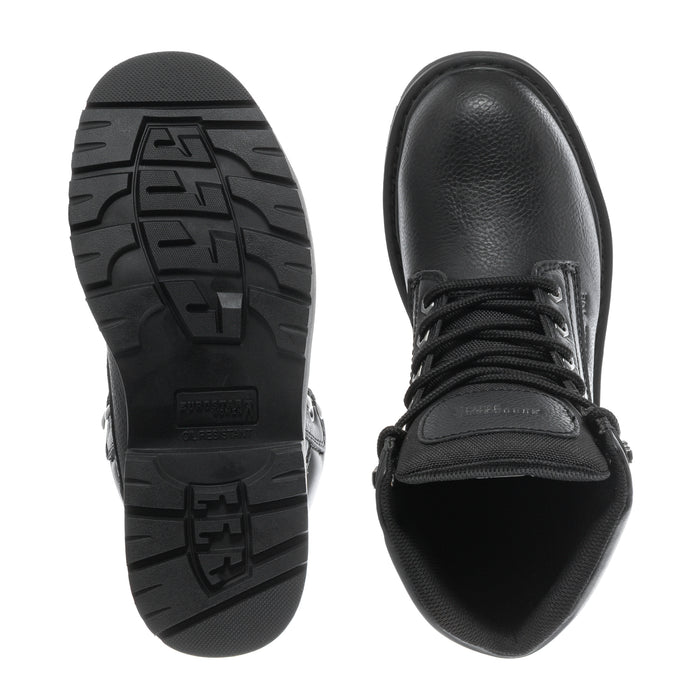 Black work boot soles and padded toe opening shown from side and bottom views