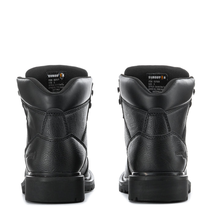 Black lace-up work boots with rear pull tabs and cushioned heel collars