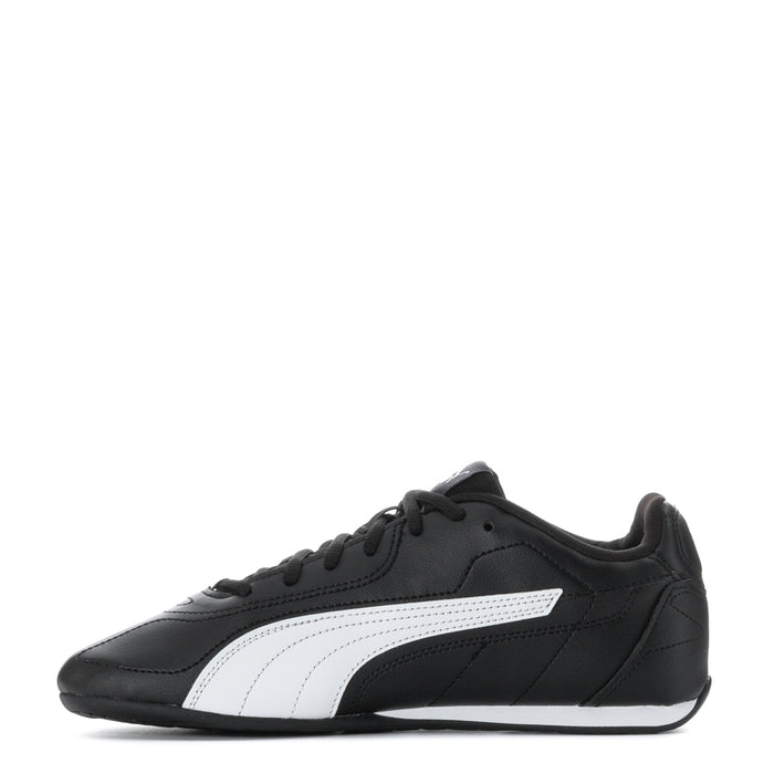 Youth black low-top sneaker with white formstrip detail and lace-up closure
