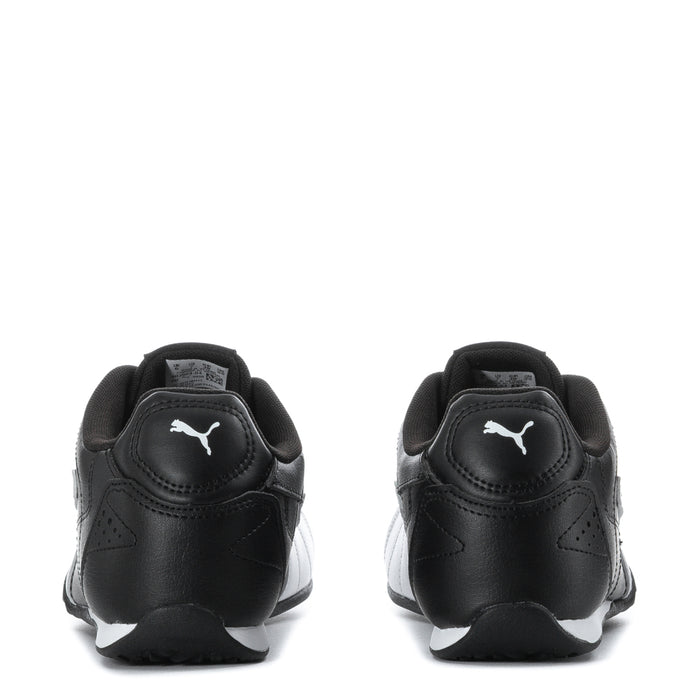 Youth black sneaker heel view with PUMA logo and lace-up upper