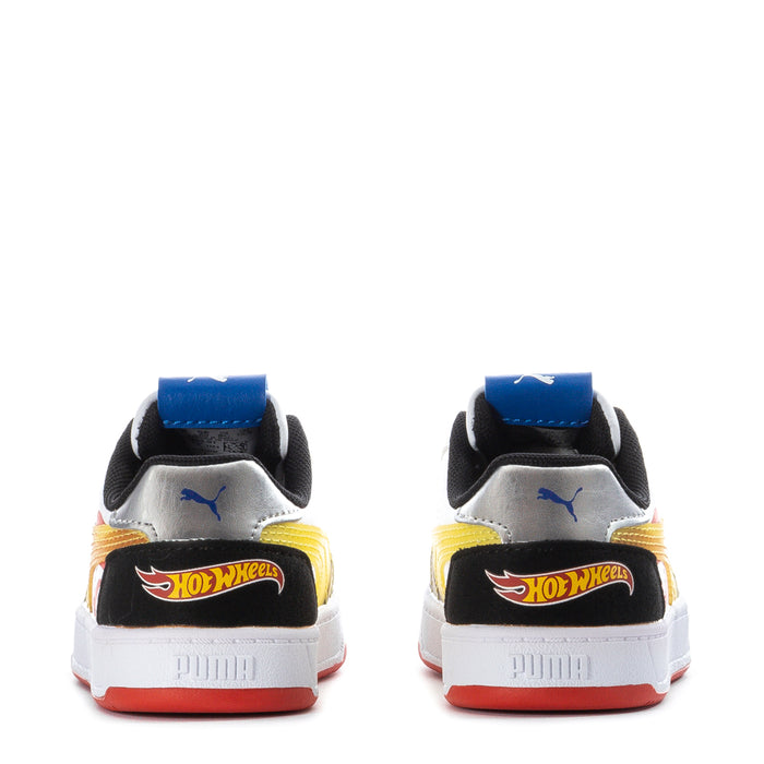 Toddler Puma sneakers heel view, black with Hot Wheels logo and blue collar tabs