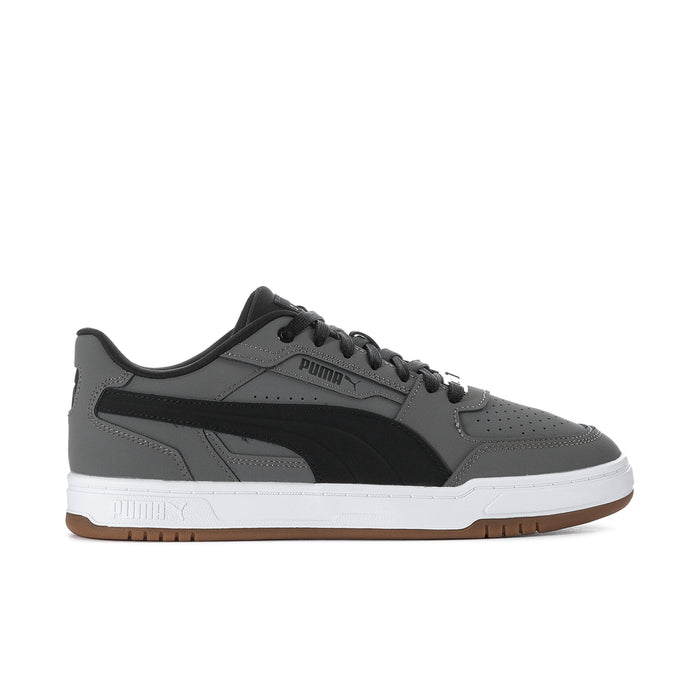 Men's Puma Caven III low-top sneakers in dark gray, black, and white with gum sole.