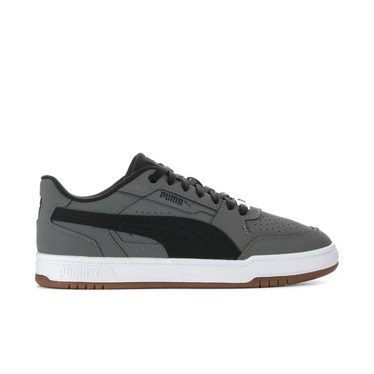 Men's Puma Caven III low-top sneakers in dark gray, black, and white with gum sole.