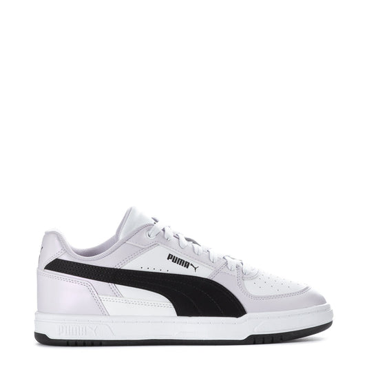 Youth white and black Puma sneakers with lace-up front and side stripe