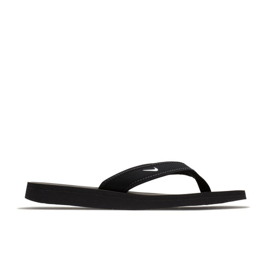 Women's black thong sandals with white footbed and curved strap