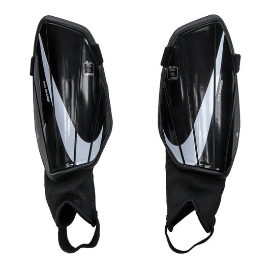 Charge ankle shin guards, black with white diagonal panels and elastic foot straps