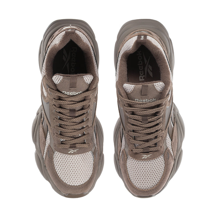 Men's running shoe taupe/grey laces and mesh tongue, Reebok logo at heel