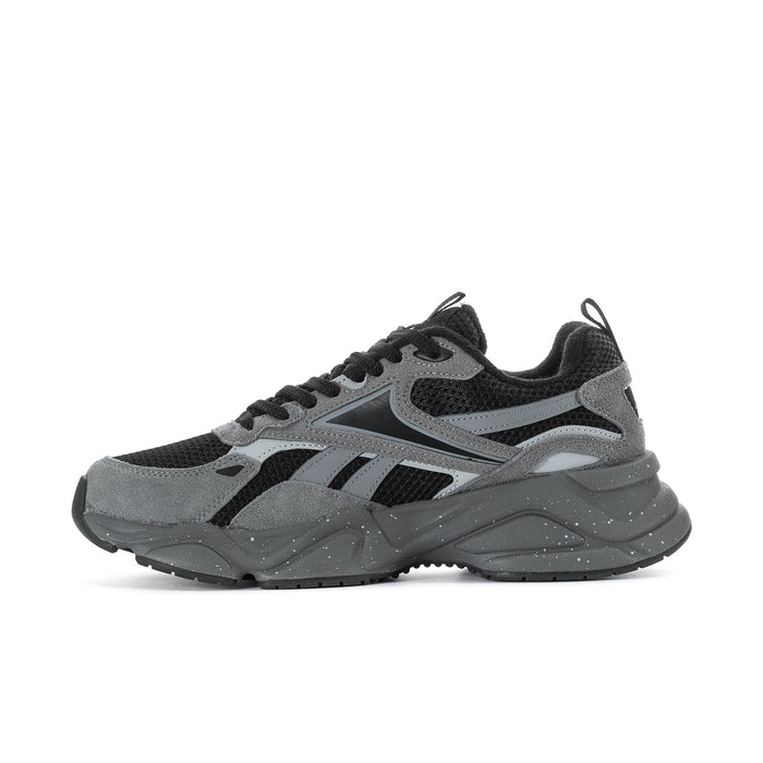Men's grey and black lace-up running sneaker, side profile with textured upper