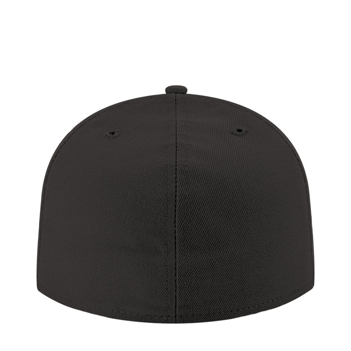 Black baseball cap with stitched panels and curved brim, no front graphic