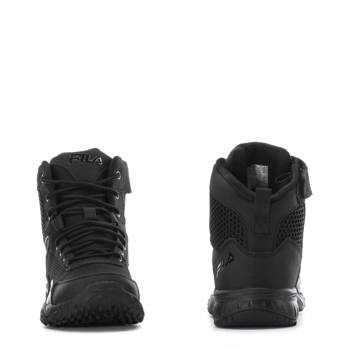 FILA black high-top sneaker heel and toe views with lace-up upper and rubber sole