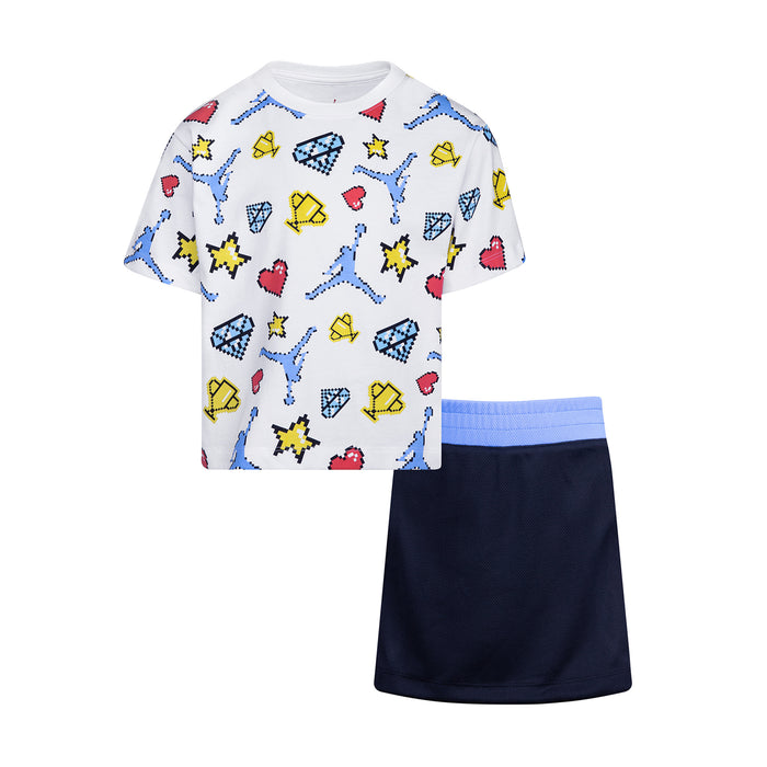 Kids skort set: white graphic T-shirt with multicolor pixel icons, navy skort