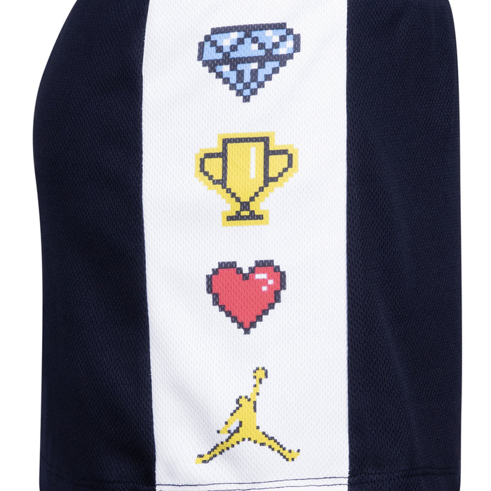 Navy-and-white kids skort panel with pixel heart, trophy and diamond designs
