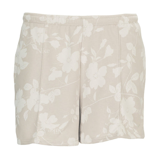 Women’s floral print athletic shorts with elastic waistband, light beige-tan