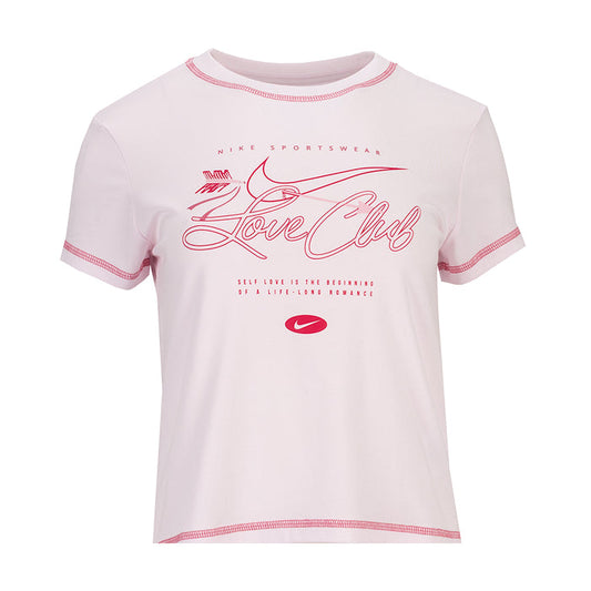Women’s pink knit crop T-shirt with “Love Club” graphic and pink trim, Nike logo